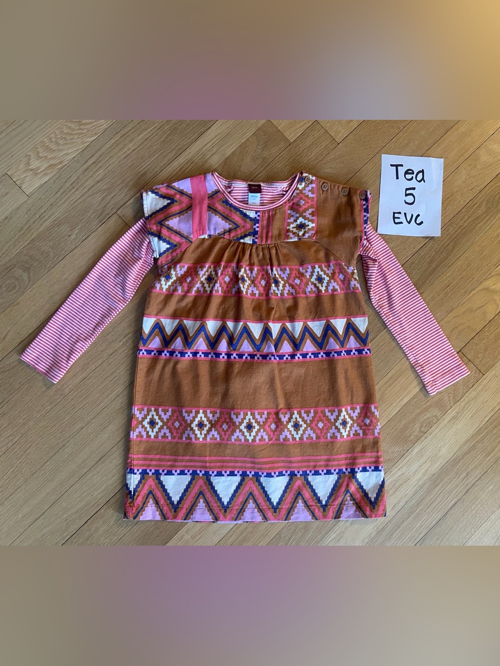 Tea Collection. 2 pcs.  Girls Patterned Knit Dress with Pink Striped Tee size 5